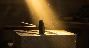 Stone Carving Tools Hammer and Chisel with Dust in Sunlight photo