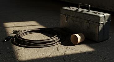 Toolbox and Cable on Cracked Concrete Floor in Sunlight Pattern photo