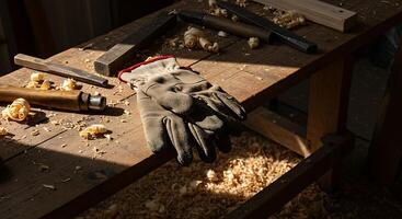 Workbench with Woodworking Tools Gloves and Wood Shavings in Sunlight photo