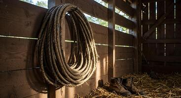Rope Hanging on Wooden Wall in a Barn with Work Boots photo