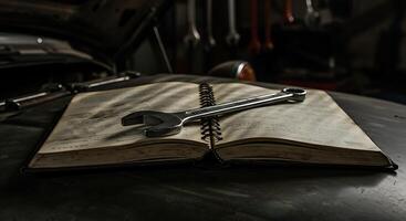 Wrench Resting on Open Manual Inside Dark Auto Repair Shop photo