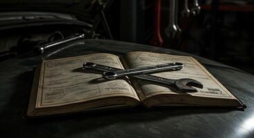 Wrenches on Open Book Lying on Car Hood in Garage photo