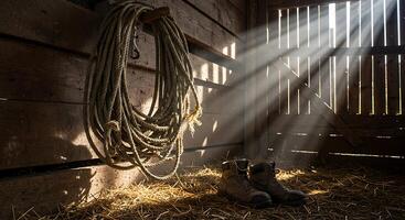 Work Boots and Hanging Rope in Rustic Barn with Sunbeams photo