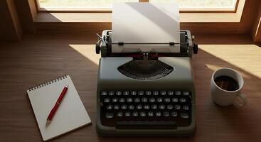 Typing on Antique Typewriter with Coffee and Notepad by Window photo