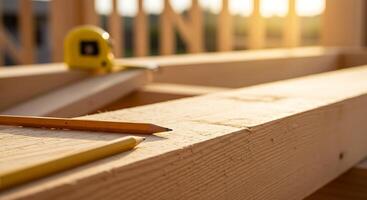 Building Project Frame with Lumber Pencils and Tape Measure at Sunset photo