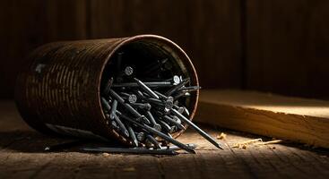 Metal Nails Overflowing Rusty Can on Wood Surface with Light photo