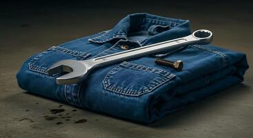 Wrench and Bolt on Folded Denim Shirt Showing Labor Work photo