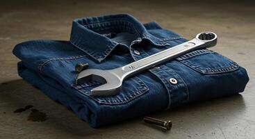 Wrench Laying on Folded Denim Shirt with Bolts on Concrete photo