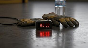 Timer Displaying Zero with Gloves and Water Bottle photo