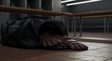 Gloves in Bag Near Lockers in Empty Changing Room photo