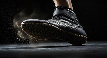 Stepping Leather Shoe on Surface with Dust Movement photo