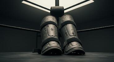 Shin Guards Resting at Edge of Boxing Ring photo