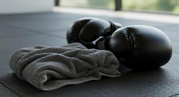 Boxing Gloves and Towel Resting on a Dark Gym Floor After Workout photo