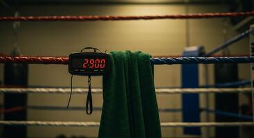 Timer on a Boxing Ring with Towel Hanging Near Ropes photo