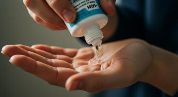 Applying Clear Liquid on Hand From Small Container for Hygiene photo