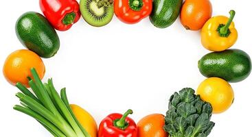 A circle of fruits and vegetables arranged in a circle photo