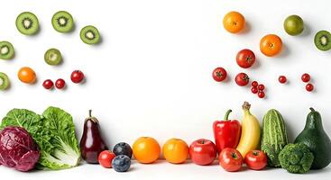 A group of fruits and vegetables arranged in a smiley face photo