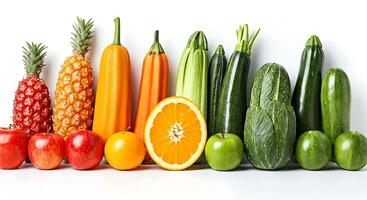 A group of fruits and vegetables arranged in a row photo