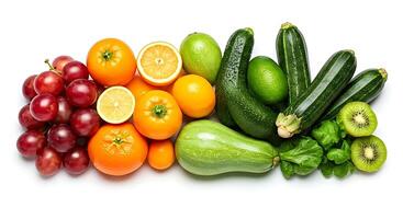 A variety of fruits and vegetables are arranged in a row photo