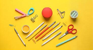Various office supplies arranged on a yellow background photo