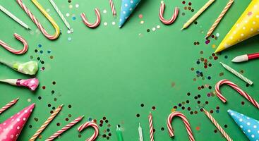 Many colorful party hats and candy canes on a green background photo