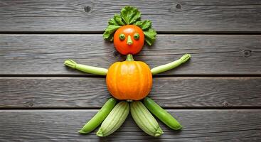 A vegetable man made out of vegetables on a wooden table photo
