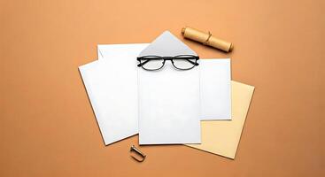 A stack of papers, a pen and glasses on a beige background photo
