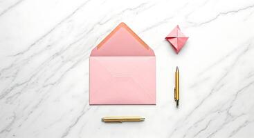 A pink envelope, pen and paper on a marble surface photo