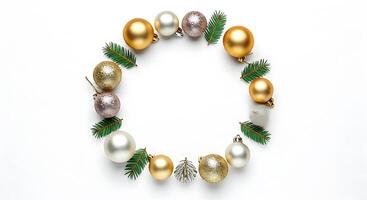A wreath of gold and silver christmas ornaments on a white background photo
