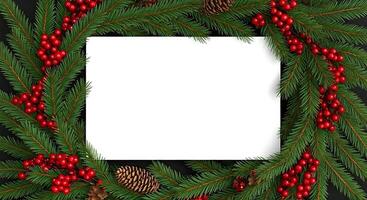 Christmas wreath with fir branches and red berries on black background photo