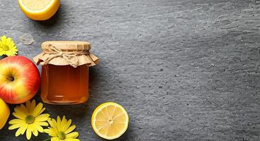 Honey and lemon on a gray background photo
