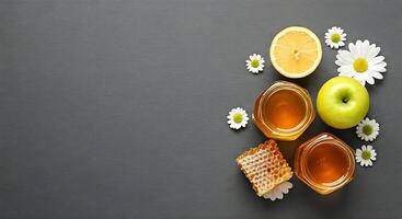 Fresh Lemon Half Green Apple Daisies Honeycomb on Gray Background photo