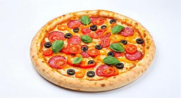 Fresh Vegetable and Pepper Pizza with Basil on Thin Crust photo