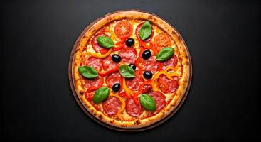 Fresh Vegetable and Pepperoni Pizza on Wooden Board in Transparent Background photo