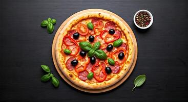 Fresh Vegetable Pizza with Basil Black Olives on Wooden Plate on Transparent Background photo