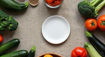 Fresh Vegetables and Empty White Plate on Table in Natural Light photo