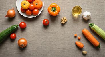Fresh Vegetables and Cooking Ingredients Arranged on Table Top photo