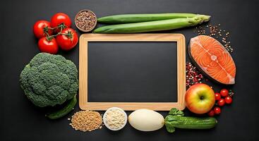 Fresh Vegetables Salmon Steak and Spices on Transparent Background with Empty Chalkboard Frame photo