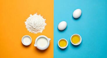 Fresh White Flour Eggs and Milk on Colorful Backgrounds for Baking and Cooking photo