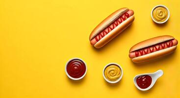 Hot dogs and ketchup on a yellow background photo