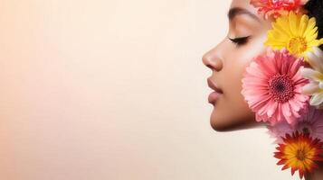 Profile of a beautiful model with flowers decorating her hair and face, representing natural beauty and cosmetics photo