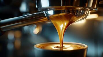 Rich espresso pouring from portafilter into a cup with warm, inviting glow photo