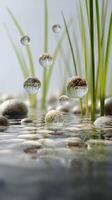Floating bubbles over water with stones and green reeds, nature tranquility concept photo
