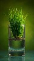 Fresh green grass growing in a clear glass of water on a blurred green background photo
