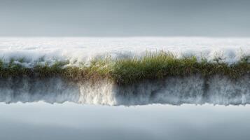 Snow-covered grass floating above a reflective surface, surreal concept photo