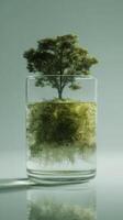Tree growing on moss submerged in a glass of water, conceptual nature design photo