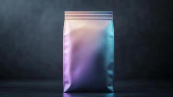 Dark iridescent coffee bag with a luxurious appearance, prominently displayed in a clean, dark environment, perfect for product showcase photo