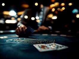 A player focuses intently as they throw a poker card on a casino table, surrounded by the lively atmosphere of a bustling establishment at night photo