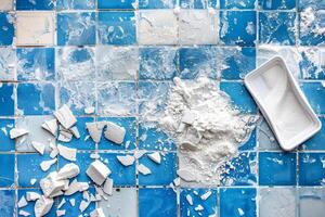 Sanding white sandpaper brings a unique texture to a colorful mosaic wall, highlighting an artist's attention to detail and design photo