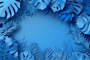 This artwork showcases intricate paper cut tropical leaves against a vivid blue background, creating a refreshing and artistic vibe photo